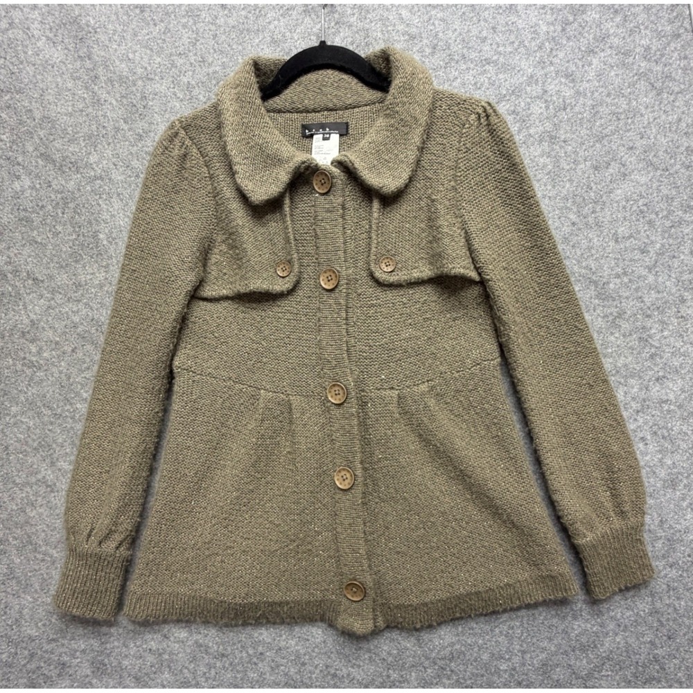 Vintage Olive Green Wool Blend Knit Cardigan Baby Doll Jacket 38 Y2K